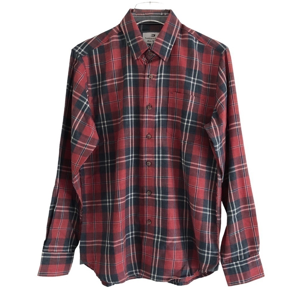 Thread & Cloth Red Gray Plaid Button Down Long Sleeve Shirt Size Small